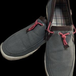 True Religion Boat Deck Slip On Shoes Gray with Red Strings/Brown Leather Trim